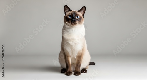 A beautiful and elegant Siamese cat with striking blue eyes sitting attentively on a plain background