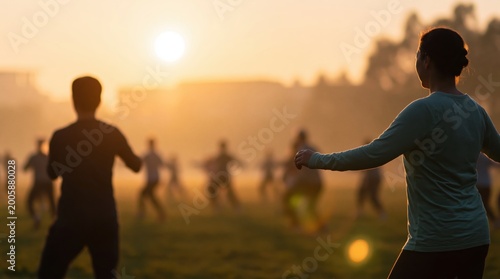 Group of people practicing tai chi or qigong movement exercises in a public park at morning sunrise, enjoying wellness and health