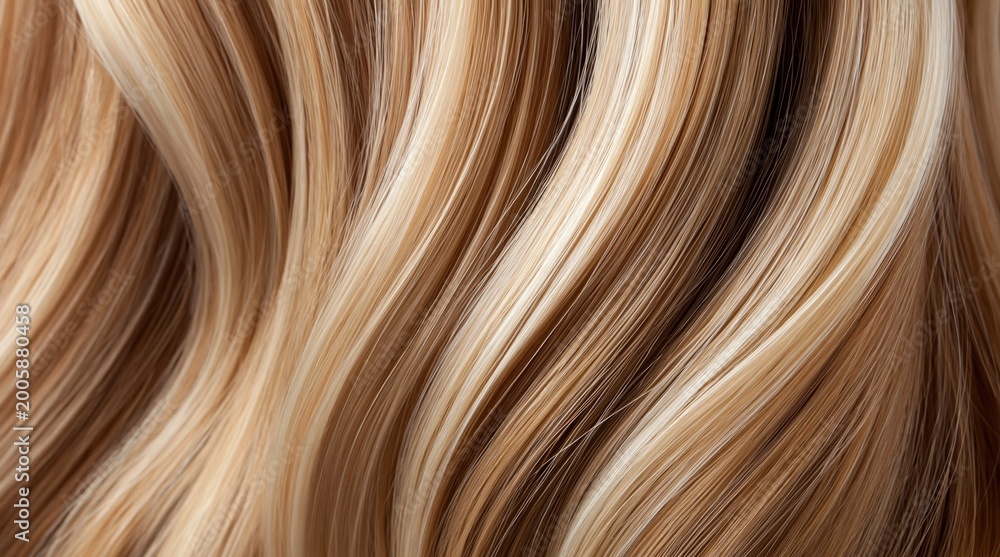 Fototapeta premium Wavy strands of blonde hair showcasing texture, golden highlights, and balayage technique, reflecting shine and hair care
