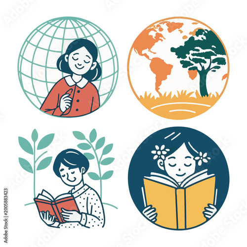 Four circular icons of people reading and interacting with nature and the globe woman girl