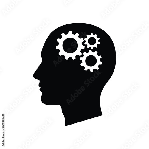 Silhouette of a human head with gears representing thought process and ideas