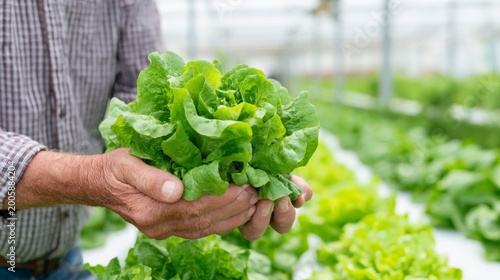 A Gardener's Care: Fresh Green Lettuce Being Harvested in a Lush Hydroponic Greenhouse with Vibrant Rows of Vegetables Surrounding Him