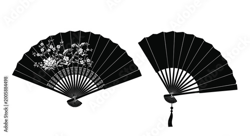 Two black folding fans silhouette on white background