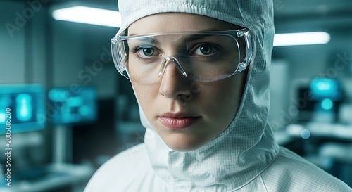 Female scientist wearing protective cleanroom gear in a high-tech laboratory with sharp focus and cinematic blue lighting for pharmaceutical research and biotechnology marketing