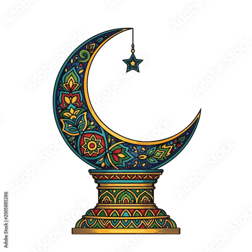 Ornate Crescent Moon with Hanging Star Decoration.
