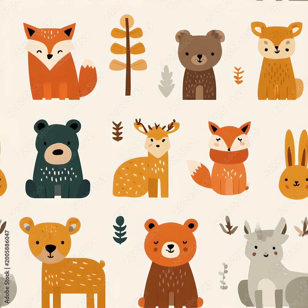 Obraz premium Colorful illustration of cute animals: a pattern including fox, deer, bear, and bunny 