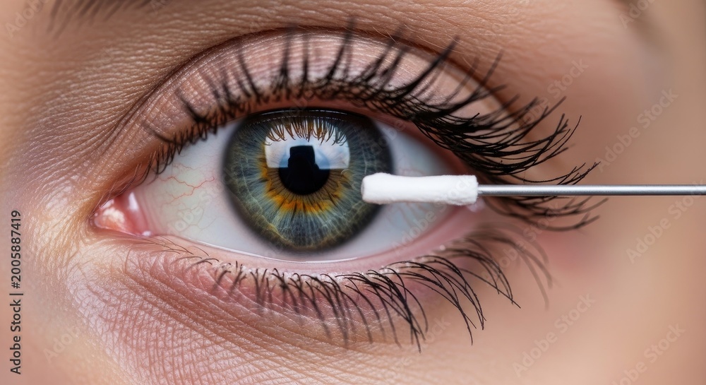 Fototapeta premium Eye examination with a cotton swab for medical checkup.