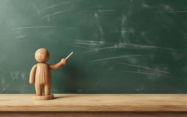 Wooden figure stands before chalkboard pointing with stick as if