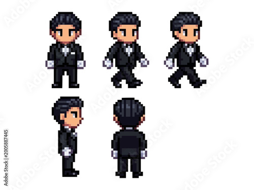Canvas Print pixel art character spritesheet of a dignified male character in a black tuxedo and white gloves, walking and standing from different views