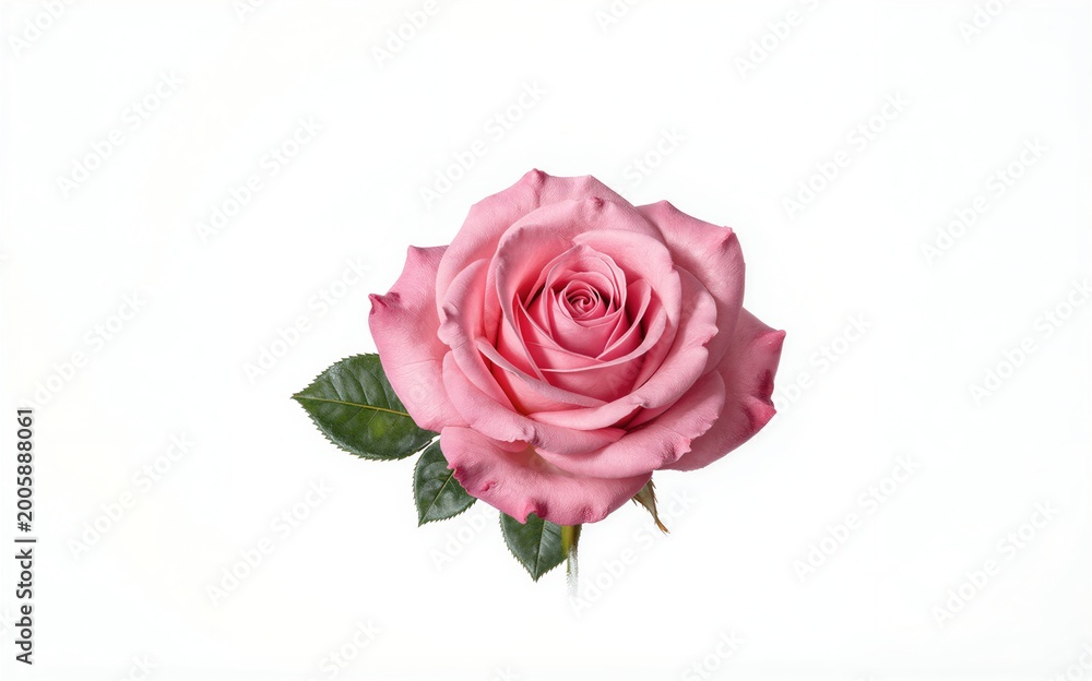 Fototapeta premium Pink rose with green leaves against a clean white background.