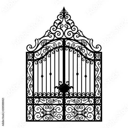 Intricate Ornate Black Metal Wrought Iron Garden Gate with Decorative Scrolls and Finial