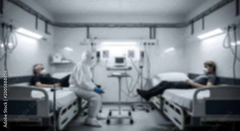 Fototapeta premium Medical professional in protective gear attending to patients in a sterile hospital ward with clinical lighting and sharp focus for healthcare and pandemic response marketing
