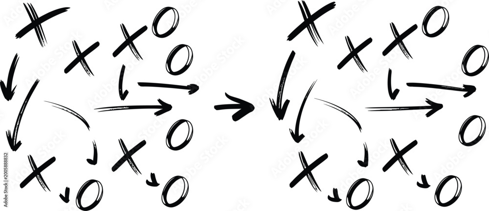 Εκτύπωση καμβά Hand, drawn strategy game plan for football basketball and handball with arrows X and O symbols, black marker sketch style vector illustration isolated on white