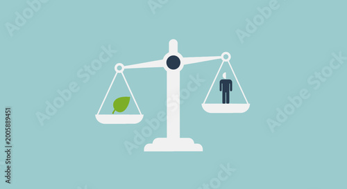 Photos Balance Scale with Leaf and Human Figure, Symbolizing Ecology and Humanity