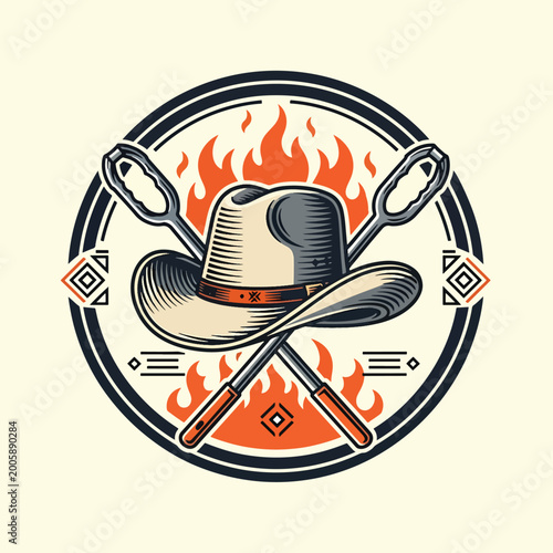 Vintage style illustration of a cowboy hat crossed with grilling tongs in front of flames.