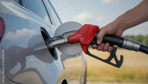 A close-up shot of a hand filling a silver car with fuel at a gas station outdoors on a sunny day.