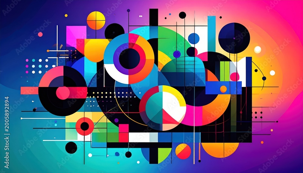 Obraz premium Abstract composition of geometric shapes in vivid neon colors on a gradient background