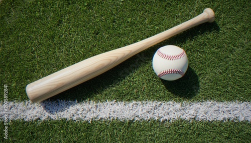 фотографія A wooden baseball bat and a baseball sitting on green artificial grass with a white painted foul line