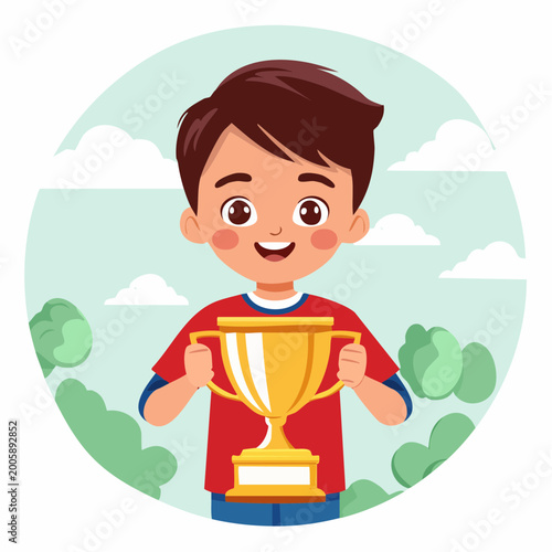 Happy Boy Holding a Golden Trophy