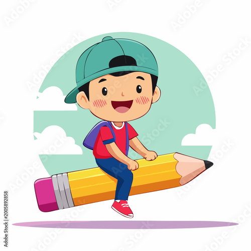 Happy Boy Riding a Giant Pencil