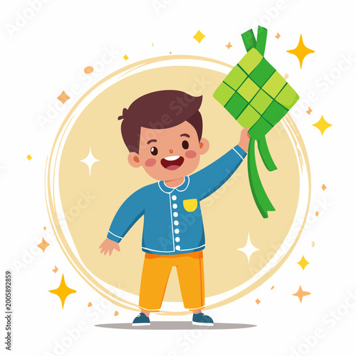 Happy Boy Holding Ketupat for Eid Celebration