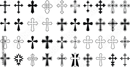 Obraz na plátně Ornate, decorative cross vector collection with vintage and gothic religious crucifix icons, detailed ornamental design set