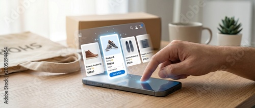 Person browsing footwear online with augmented reality interface and shopping bag