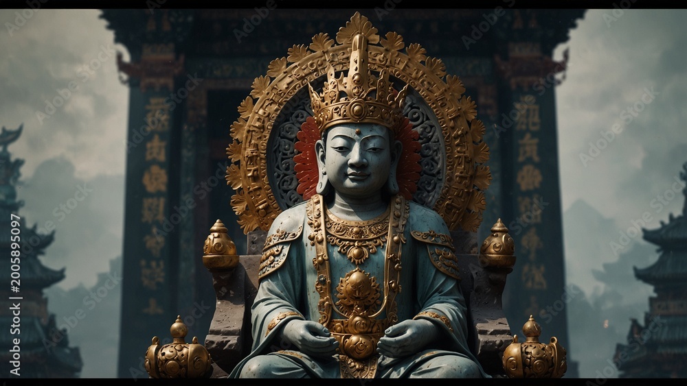 Fototapeta premium Statue of person sitting on throne, digital art illustration - Generative AI