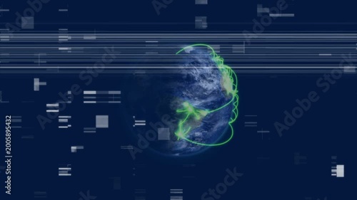 Following frame 1 glitch, neon green trails drawing loops around planet, showing data flow network