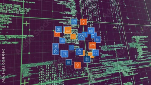 Center spawning icons sparking cluster rotating, parting, orbiting and growing to show code flow