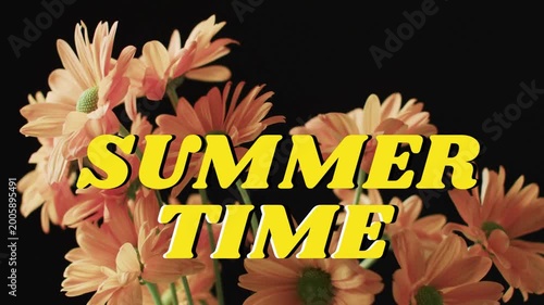 On play peach daisies shifting subtly, petals moving SUMMER TIME title staying static, adding depth