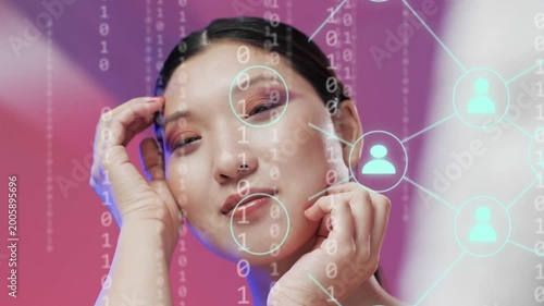 Top-right graphics fading, Chinese model cupping face, opening eyes, illustrating networking
