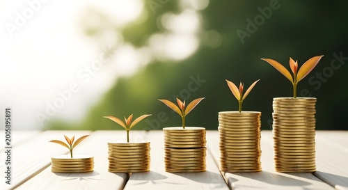 Increasing stacks of gold coins with growing plants on top symbolizing financial growth and investment