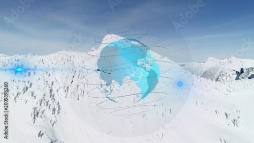 On start cyan globe rotating, rings rising, markers pulsing, camera panning to reveal continents