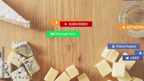 Cheese board staying still as cursor clicking subscribe releasing badges showing social reach