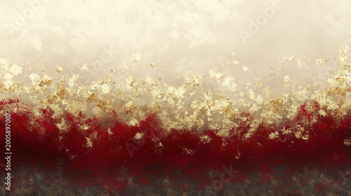Soft gold sparkles drift above deep red waves. Creamy haze blends with glittering particles above. Rich tones evoke warmth and mystery. Ideal for luxury, art, or abstract backgrounds
