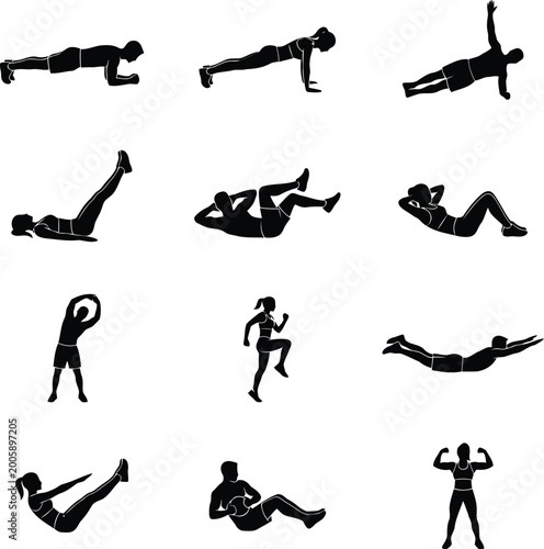 Photos Black silhouettes of people doing various exercises