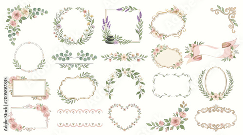 Watercolor floral frame and wreath clipart set with botanical borders, leaves, flowers, ribbons, circles, hearts, and decorative labels