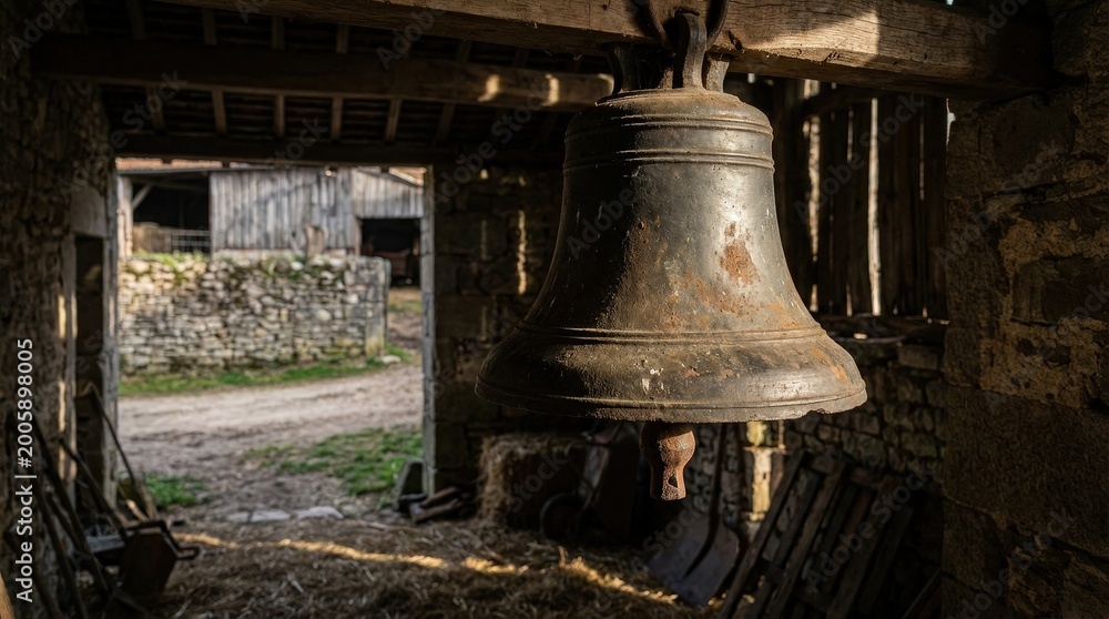 Obraz premium Antique Bronze Bell Hanging in Rustic Wooden Structure