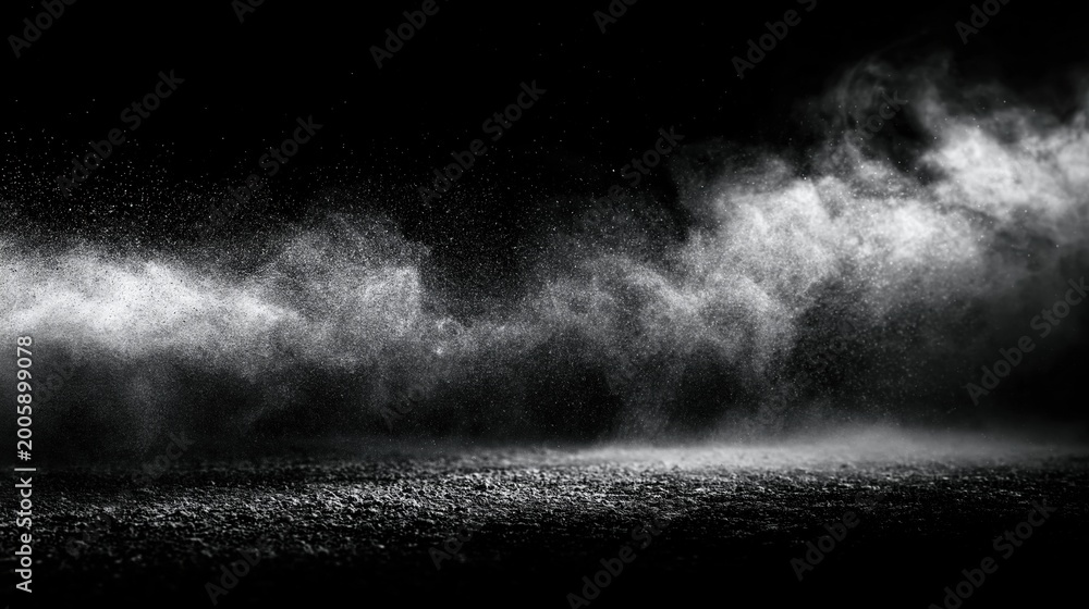 Fototapeta premium This abstract image features a white dust cloud or smoke effect against a dark, black background. The particles are in motion, creating a dynamic and atmospheric texture across the frame.