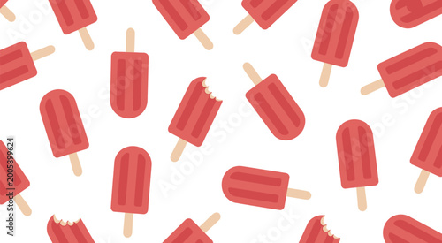 Konstfotografi Strawberry, red popsicles seamless pattern with scattered ice creams and bite taken pieces, summer dessert vector illustration design