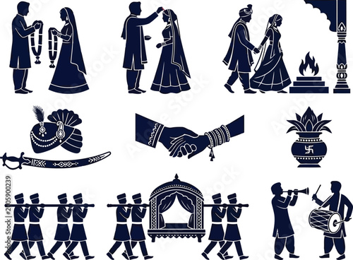 Foto Indian wedding procession icons with traditional dress and decorations