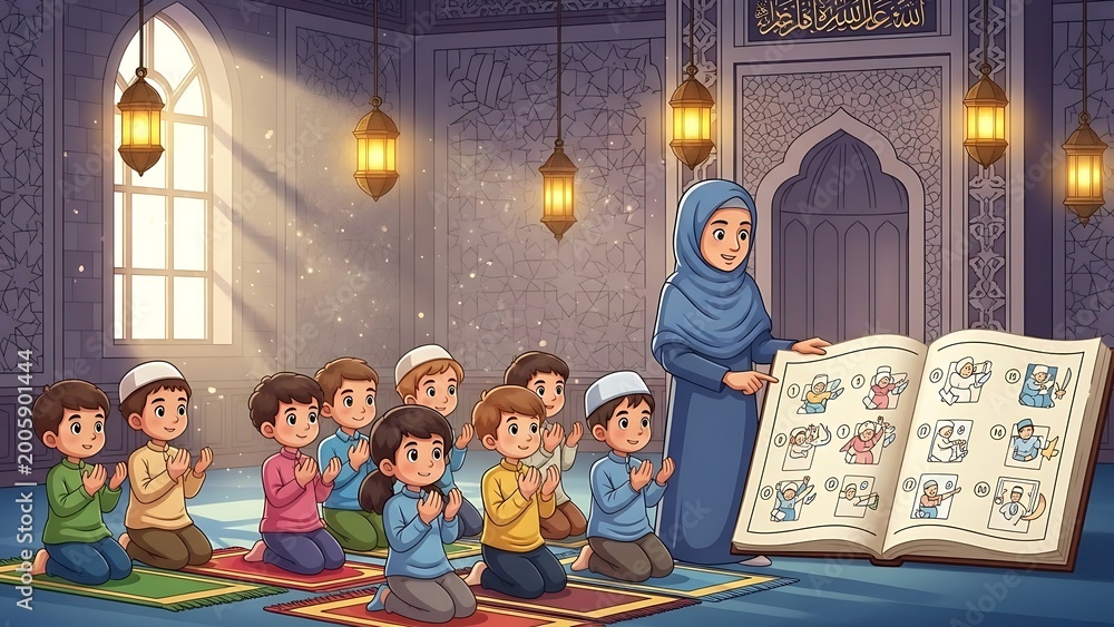 Fototapeta premium Muslim children praying with teacher.