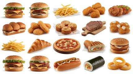 A product photo showcases various types of fast food items on a white background.