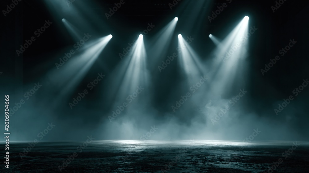 Obraz premium The beams of light illuminate the textured floor, suggesting an empty performance space ready for an event or show. This visual concept is themes of entertainment, mystery, or abstract backgrounds.