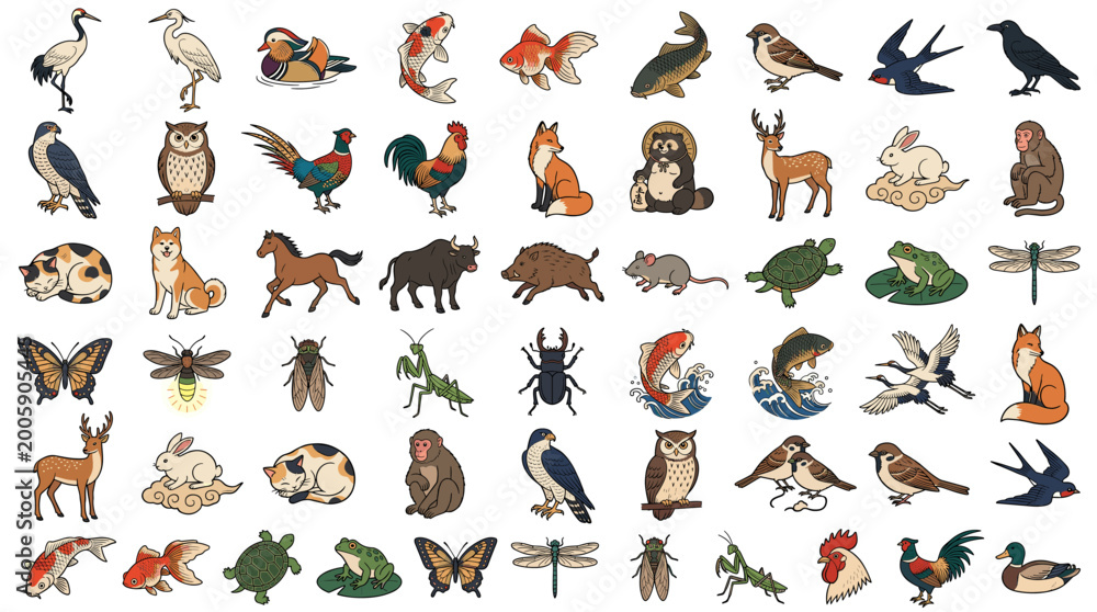 Naklejka premium Hand drawn Japanese wildlife icon set with birds, insects, fish, frog, turtle, fox, deer, rabbit and forest animals for nature and culture design