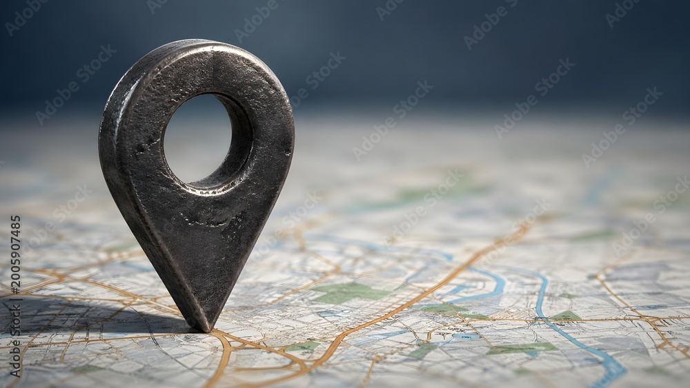 Naklejka premium A large metal map pin marks a location on a detailed city map with roads and green spaces.