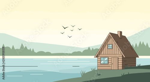 Quadro su tela Rustic Wooden Cabin by the Lake.