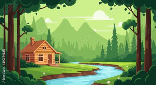 Canvastavla Cozy Wooden Cabin by a Serene River in a Lush Forest.