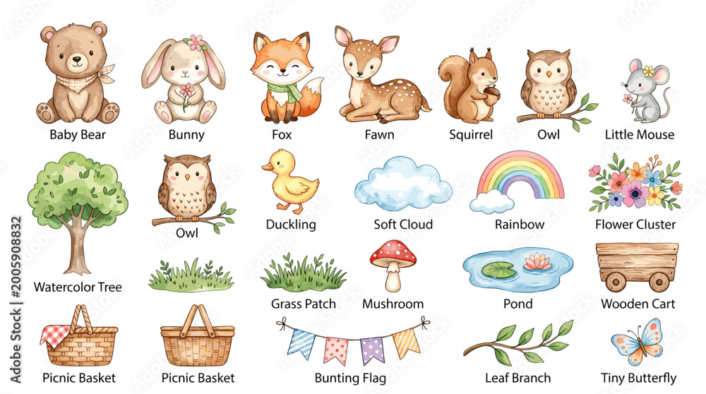 Obraz premium Watercolor baby animal vector set with bunny, fox, fawn, squirrel, owl, duckling, cat, rainbow, stars, picnic baskets and cute nursery clipart